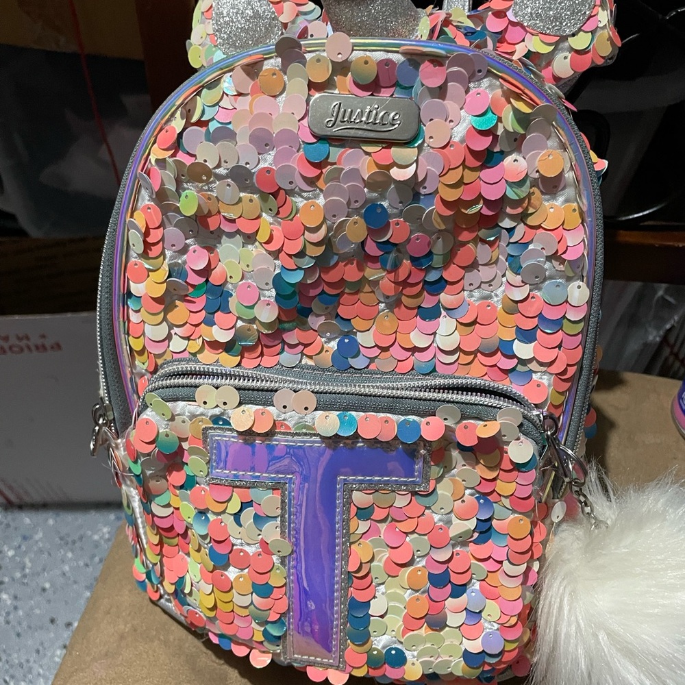Justice Sequin Mini Backpack in Multicolor Pastels with Purple 'T'
